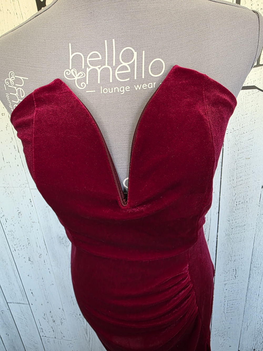 Fashion Nova Burgundy Velvet Ruched Bodycon Dress Strapless Size L Holiday Date - Picture 2 of 14